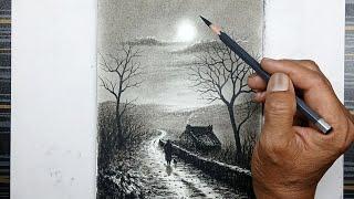 Pencil drawing landscape of moonlight night with easy ways.