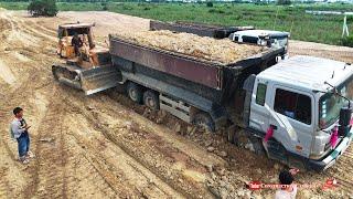 Incredible Dump Truck Back Stuck Deep Heavy Recovery Bulldozer Komatsu Helper And Landfilling Up