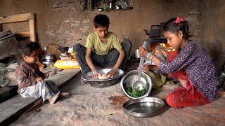 little sisters & a little brother  cooking in the village || rural Nepal @ruralnepall