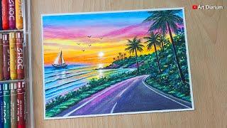 Seascape Nature Drawing with Oil Pastels | Step-by-Step Tutorial