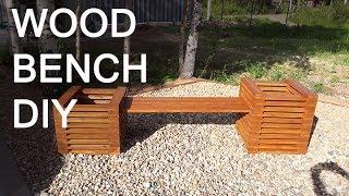 Wood bench with flowerpots