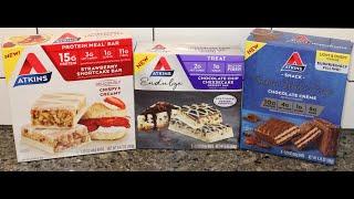 Atkins Strawberry Shortcake Bar, Chocolate Chip Cheesecake Bar, Chocolate Crème Protein Wafer Crisps