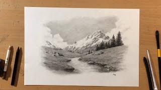 Landscape Vignette in Charcoal - Mountain Stream