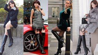 High class street style fashion of leather latex long boots/thigh high boots collection