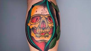 Traditional Skull Tattoo Time Lapse | Tattoo Machine Mast Flip