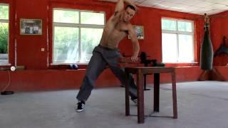 Tristan Kroeker & Alex Korn, practicing board breaking, Kung Fu School China