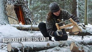 Winter Bushcraft Camp: Carving, Log Cabin Improvements & Chopping Firewood (ASMR)