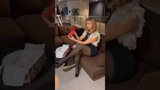 Woman in black pantyhose unpacks and try on new red heels #shorts #nylons #pantyhose #tights
