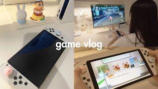 Game vlog  nintendo switch oled unboxing + accessories, cozy game with me