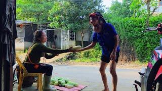 An old lady with a neck disability was very happy when I gave her a melon.
