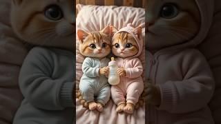 Two cute kittens are in bed holding a babybottle.