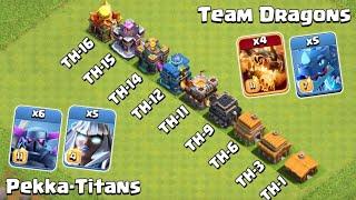 Every Town Hall vs Team Dragons vs Team Pekka-Titan | Clash of Clans