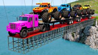 Impossible Bridge Monster Trucks Transport with Long Trailer Truck Car Rescue - BeamNG.drive