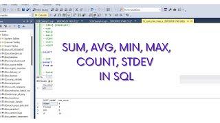 SQL | Aggregate functions in SQL | SUM,AVG,MIN,MAX,COUNT,STDEV | Commonly used aggregate fxn in SQL