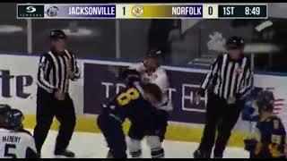 Jacob Friend drops gloves with Sam Thibault after head contact hit! ECHL jax vs norfolk