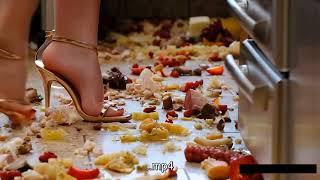 Woow!!  Gold high heels crushing food.