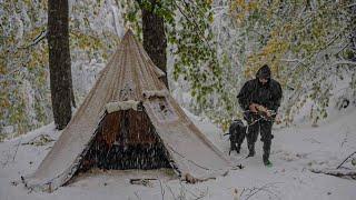 Hot Tent Camping with my Dog in Snowstorm and Freezing Winter