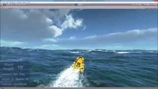 High wave physics ocean with speedboat, submarine and vehicles