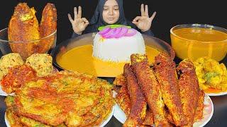 ASMR EATING DAL CHAWAL, 3 TYPE OF BHARTA, HUGE WHOLE FISH FRY, EGG MASALA OMELETTE FOOD VIDEO ASMR 2