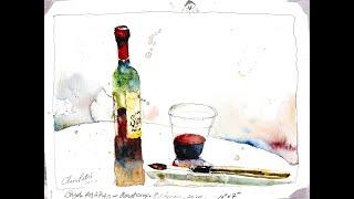 Red Wine Bottle with Travel Brush Watercolor Painting- by Chris Petri