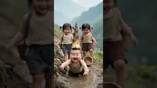 The cute babies are digging a big bamboo shoot today and their carefree childhood is so cute. Cute