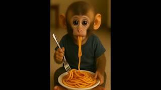 baby monkey eating Noodles 