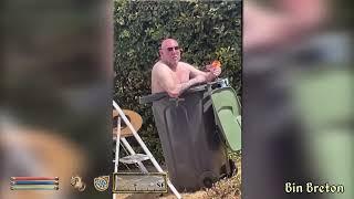 Oblivion NPC Breton bathing in a bin