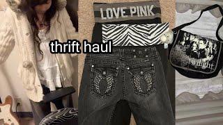 thrift with me  y2k grunge mcbling 2000s 2010s miss me jeans vs pink messenger bag twilight