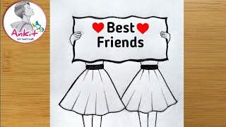 Best friend pencil sketch - step by step /very easy/how to draw friendship day drawing /bff drawing