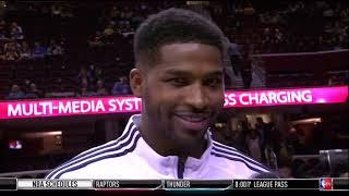 Tristan Thompson kisses a sideline interviewer on TV