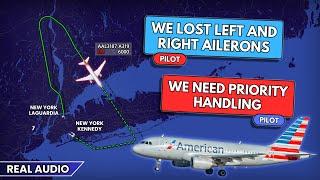 Flight control problem after takeoff from LaGuardia. American A319 diverts to Kennedy. Real ATC