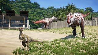 2X RED DEVIL T REX vs 2X Spinosaurus , 2x Indominus,  2x Indoraptor and Herbivores - Jurassic World