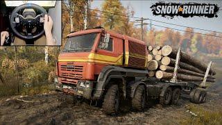 Azov 64131 Long Logs Hauling | SnowRunner | Steering Wheel Gameplay