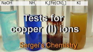Confirmatory tests for Cu2+ cupric ions - hydroxide, ammonia, pot.ferrocyanide, KI and iron filings