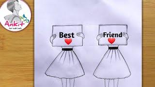 Best friend pencil sketch - step by step /very easy/how to draw friendship day drawing /bff drawing