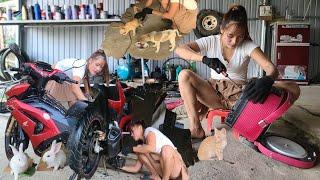 The girl repaired a rice cooker using 220V power and changed the lubricating oil for a motorbike.