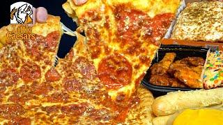 ASMR MUKBANG LITTLE CAESARS EXTRA CHEESY PIZZA, CHEESE BREAD, CHICKEN WINGS | WITH CHEESE & RANCH
