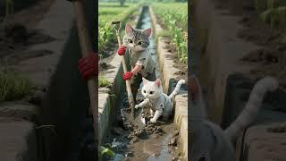 Two poor kittens  with tattered clothes have only a slice of bread 