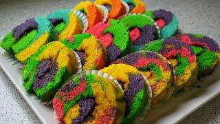 Bolu gulung kukus pelangi 3 telur | Rainbow roll cake