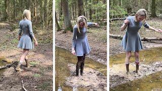 Muddy knee high white socks, black pantyhose in mud, white socks in mud, wet pantyhose (# 1032)