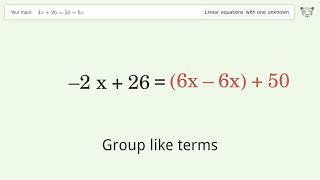 Solve 4x+26=50+6x: Linear Equation Video Solution | Tiger Algebra