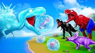 Icy Showdown: Red & Black T-Rex Rescue Dinosaurs from the Ice Monster Threat!