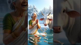 Grandmother and Cow Raised Fish in the Snow! #ai #grandmother #cow