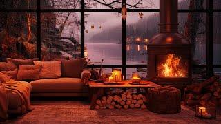 AUTUMN LAKE HOUSE AMBIENCE Relaxing Piano Music with Soft Rain Sounds & Crackling Fire Sounds