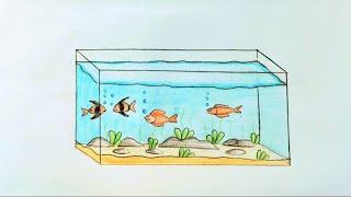 How to draw a fish aquarium//Easy aquarium drawing and colouring