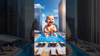 The baby takes a bath in the swimming pool and the buffalo drinks the water  #ai​ #baby