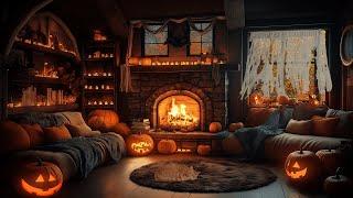 Haunted Reading Nook Halloween Ambience w/ Crackling Fire & Falling Leaves, Wind Chimes