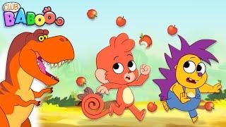 Baboo and Rocky are harvesting apples from the apple tree and fight a scary Spinosaurus | Club Baboo