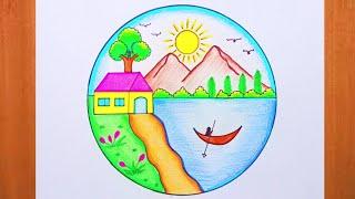 Circle Drawing/Easy circle scenery drawing/Circle drawing for beginners/How to draw a easy landscape