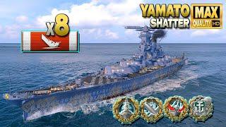 линкор Ямато: уничтожено 8 кораблей, на карте Shatter - World of Warships